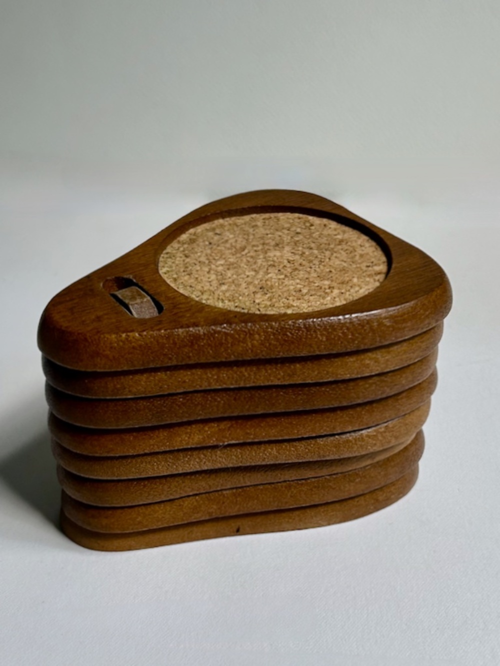 MCM Set of 7 Teak & Cork Coasters with Stand